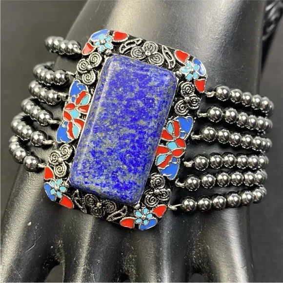 Hanmdade Bracelet Red Blue Enamel Hematite Beads Lapis Lazuli Stone 7" to 8" - Picture 1 of 14